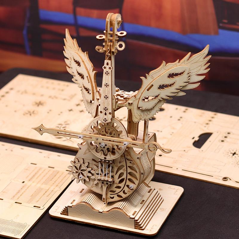 DIY 3D Wooden Puzzle Miniature Building Kit Angel's Instrument Cello Jigsaw Puzzle With Music for Children Birthday Gifts