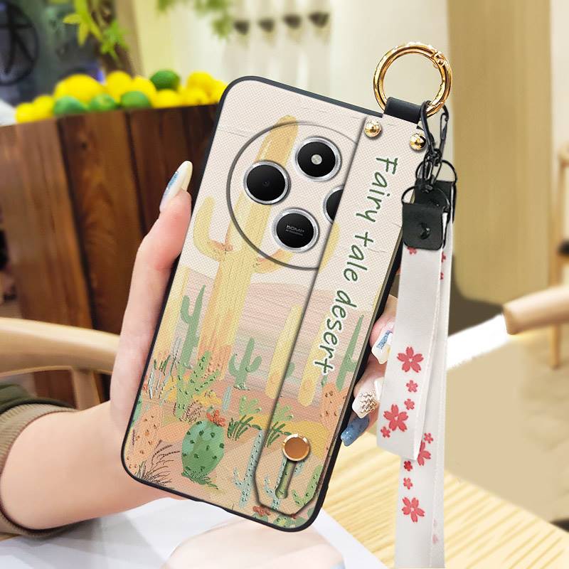 Silicone Soft case Phone Case For Redmi A4 5G Wrist Strap Ring Kickstand Flower Anti-dust Lanyard Phone Holder Durable