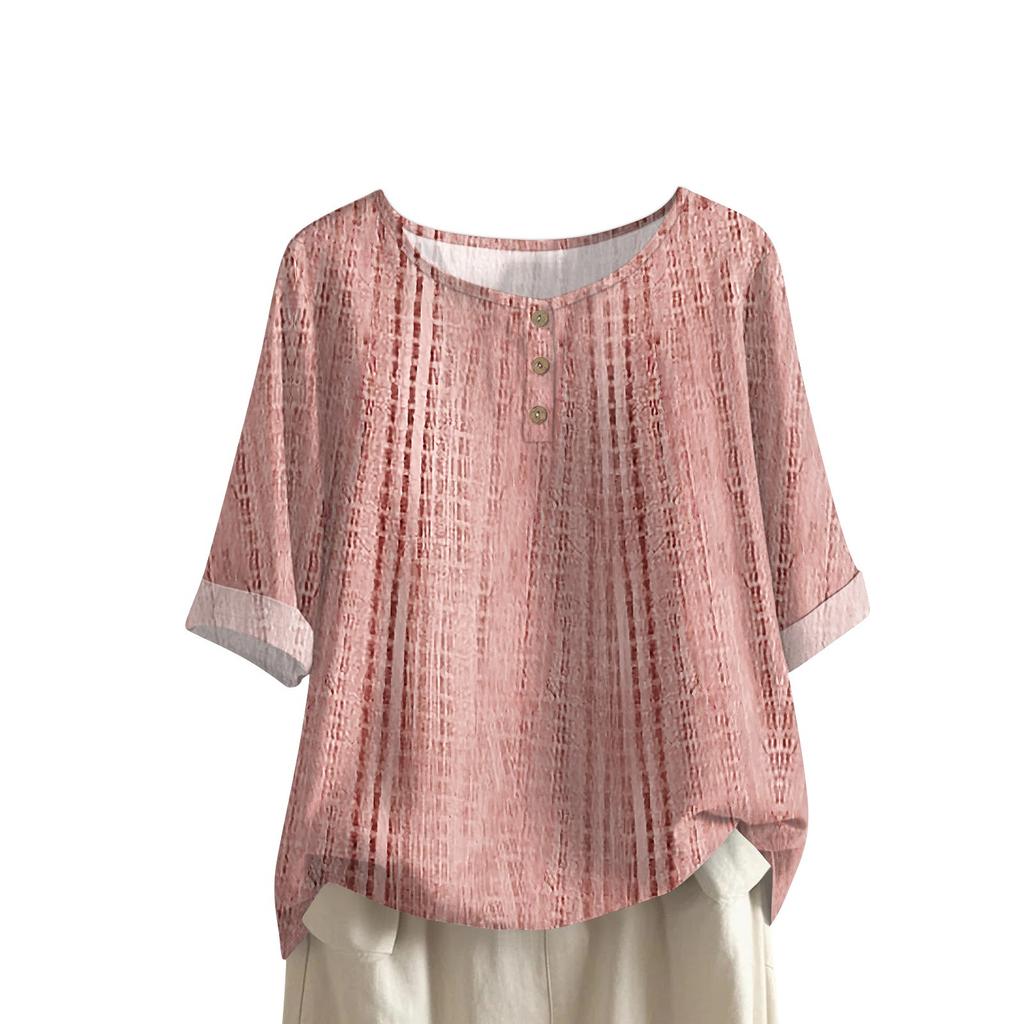 Women's Fashionable And Casual Shirt Half-sleeve Round Neck Print Cotton And Linen Blouse Top