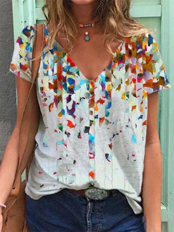 Women's T-Shirts Color Floral Flower 3D Print Summer V-Neck Short Sleeve T Shirt Y2K Tees Oversized Harajuku Top Female Clothing