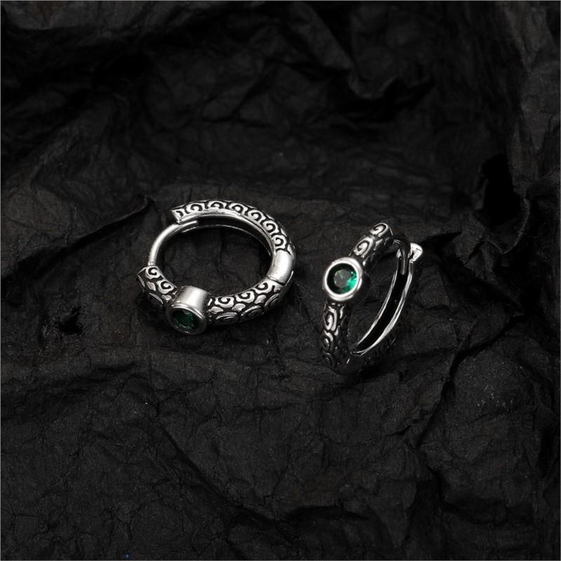 Vintage Thai Silver Green Zircon Hoop Earrings for Women Retro Circle Punk Ear Buckle Party Jewelry Gifts