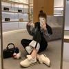 2025 new tongue-turning leather Agande training shoes women's platform casual lightweight rhombus round head lace-up sports shoes