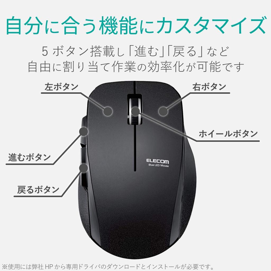 ELECOM Wireless Mouse (Receiver Included), Medium Size, 5 Buttons (BackForward Buttons), Silent, Black, M-FBL01DBXSBK