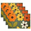 4 Stück Retro Blumen Platzsets Orange Gelb Weiß auf Olivgrün Waschbare Polyester Tischsets für Esszimmer Küche Heimdekoration