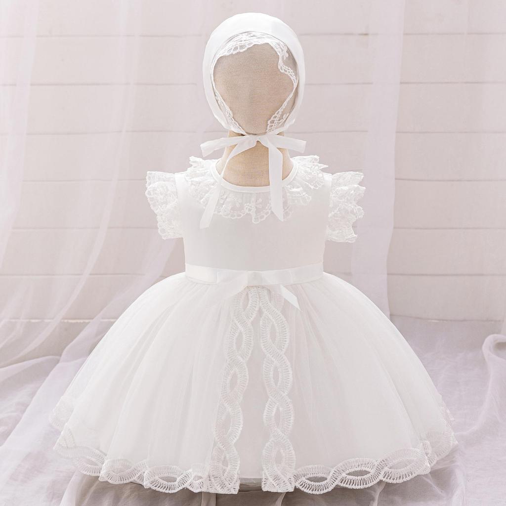 Girls' White Lace Christening Gown - First Birthday Princess Dress