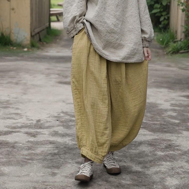 Johnature Pantaloni Larghi Vintage da Donna Primavera Vita Elastica Morbidi Larghi Pantaloni Monocolore Tasche Pantaloni Femminili