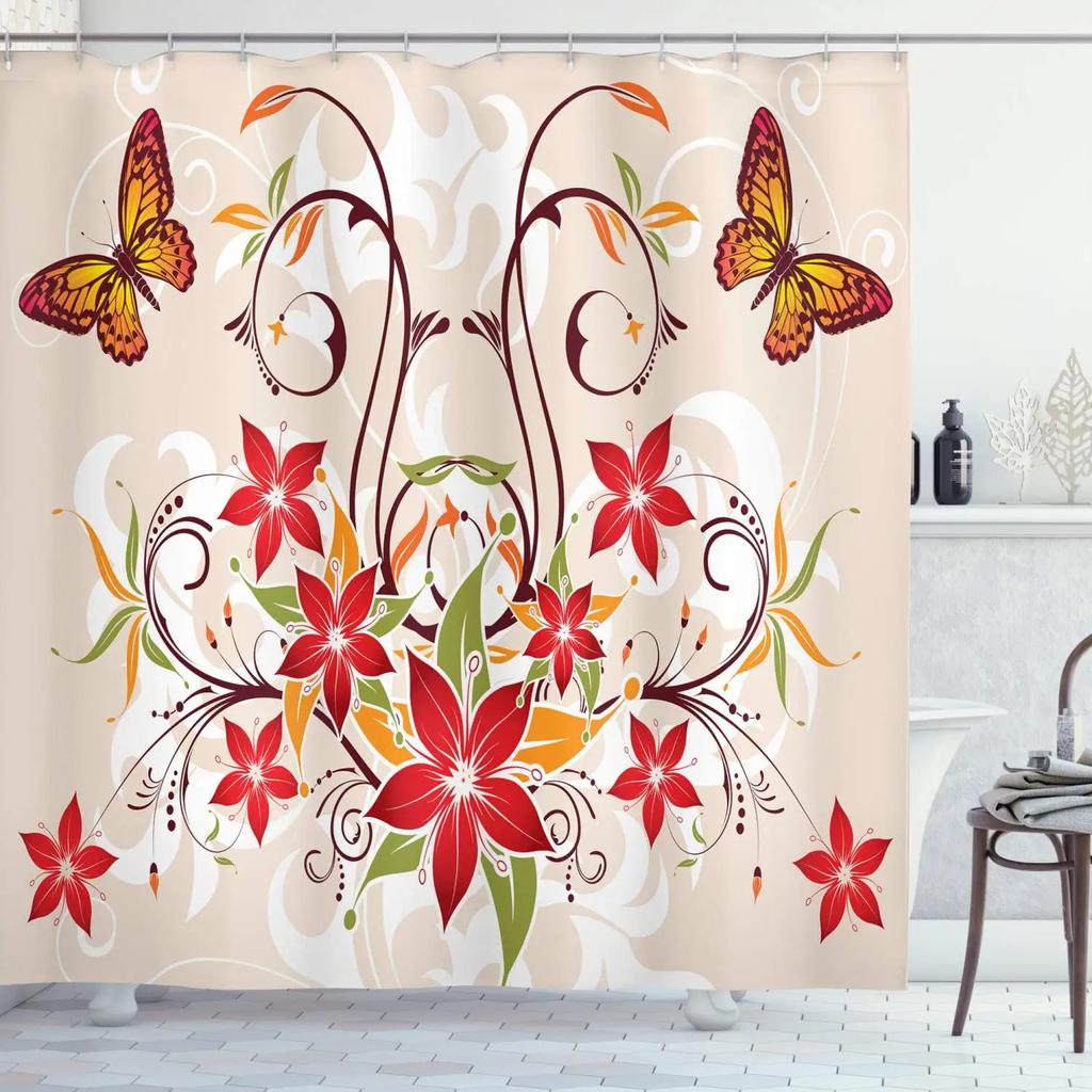 Mandala Shower Curtain,Vintage Cosmos Oriental Breeze Pattern Swirled Floral Leaves Cloth Fabric Bathroom Curtain Set with Hooks