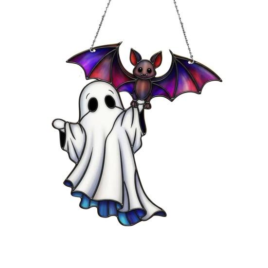 Halloween Reading Ghost Hanging Sign Wooden Bathing Cartoon Ghost Round Sign Indoor Outdoor Porch Door Hanger Wall Hanging Decoration