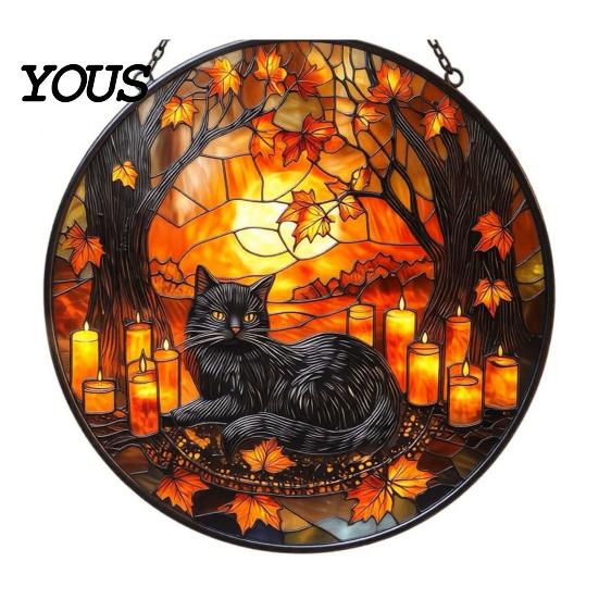 Witchcraft Aesthetic Room Decor Halloween Moon Black Cat Suncatcher Jigsaw Puzzle, 2D Acrylic Mystical Feline Window Hanging Animal Wall