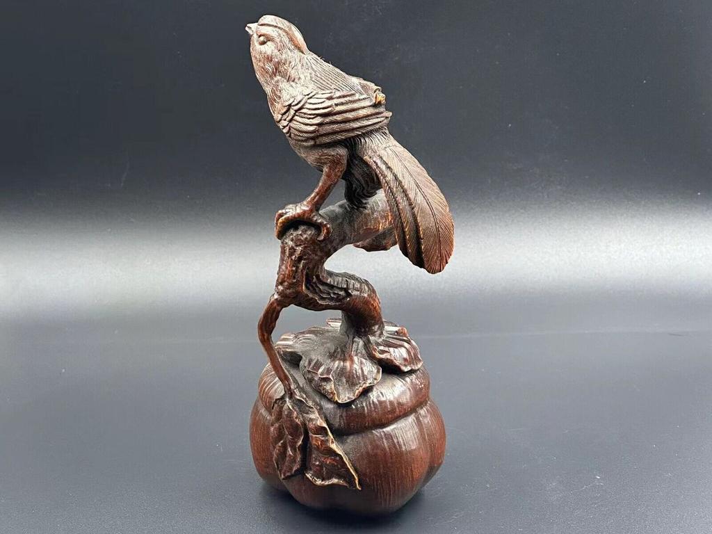 Chinese Antique Boxwood Carved Magpie Statue Exquisite Sculpture Home Decor Art