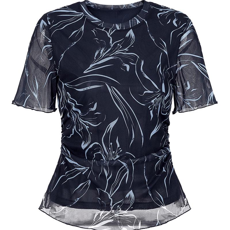 JUZUI Artistic Floral Mesh Short Sleeve Top
