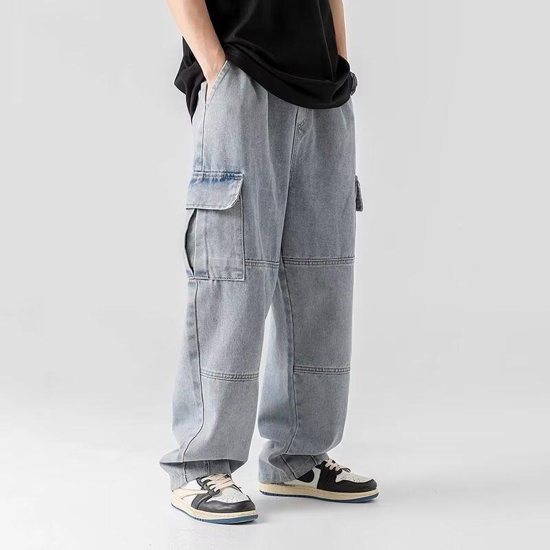 Spring men's double three-dimensional pocket jeans, new retro and old washing tooling trousers