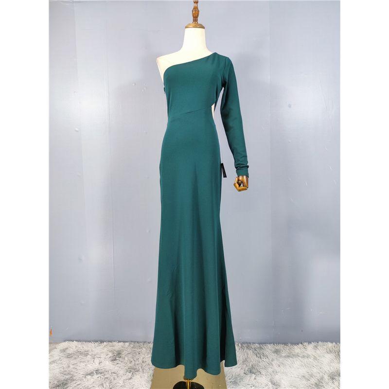 

High Cold Goddess Temperament Long Sleeves One Shoulder Diagonal Collar Host Annual Meeting Birthday Party Evening Dress Midriff Outfit Mermaid Dress Dark green M