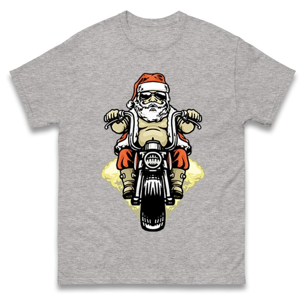 Santa Biker Christmas Tshirt Funny Cool Motorbike Rider Xmas Family Tee Top