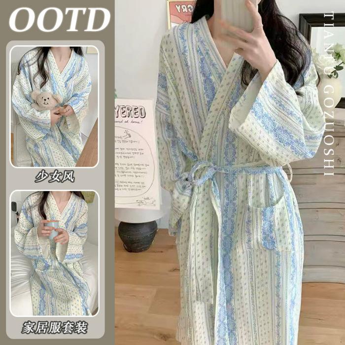 

[Imitation cotton fabric] Simple casual striped nightgown nightdress pajamas women s spring and autumn long-sleeved loose loungewear M