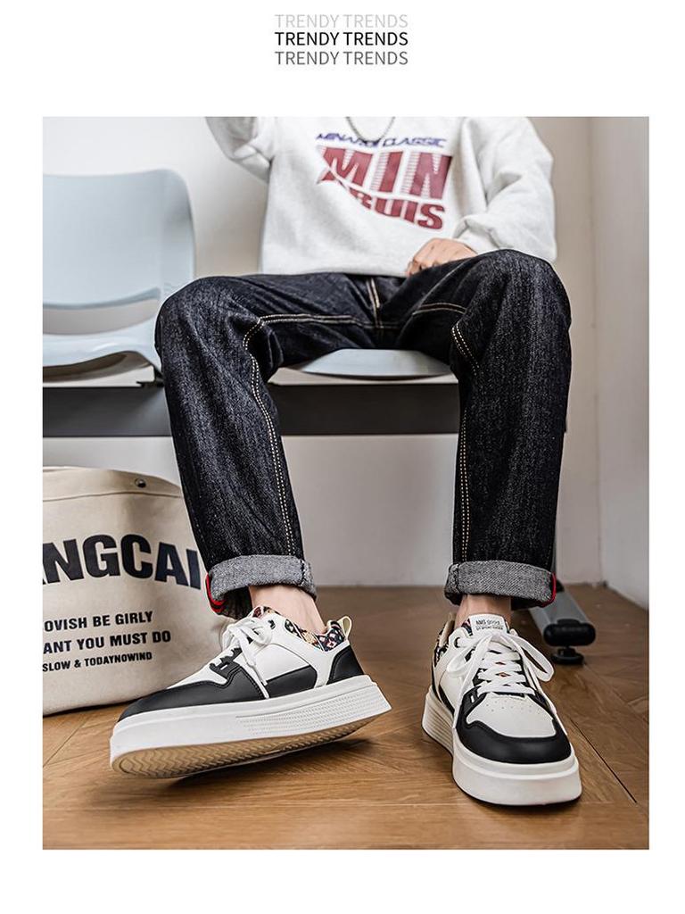 Höst Herr Vita Läder Casual Sportskor - Andningsbara Student Skate Sneakers Trendig Pappa Stil