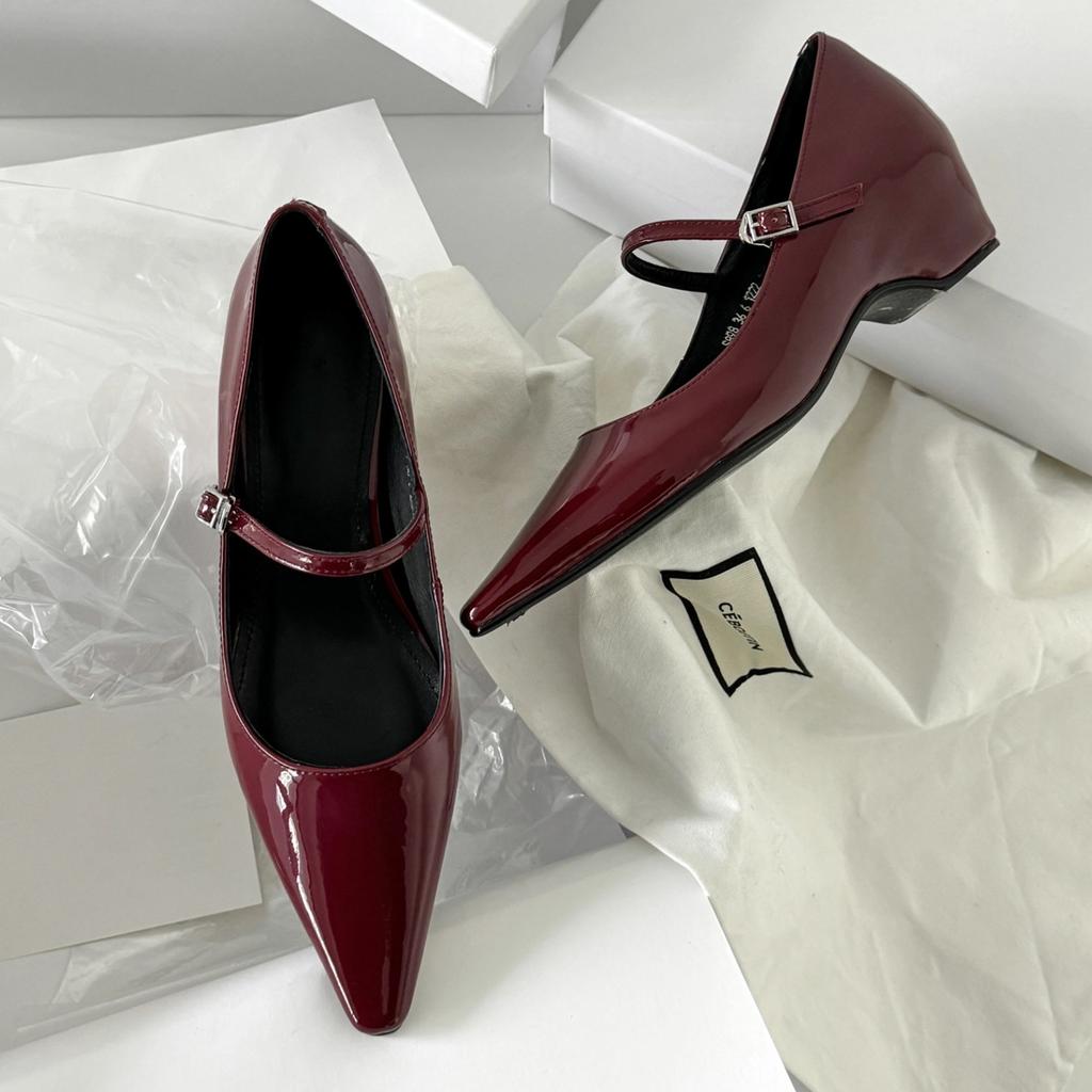 Sheepskin Version French One-word Buckle with Thick Heel Inner Height Increase Mary Jane Women's Shoes Pointed Single Shoes Light Mouth Commut