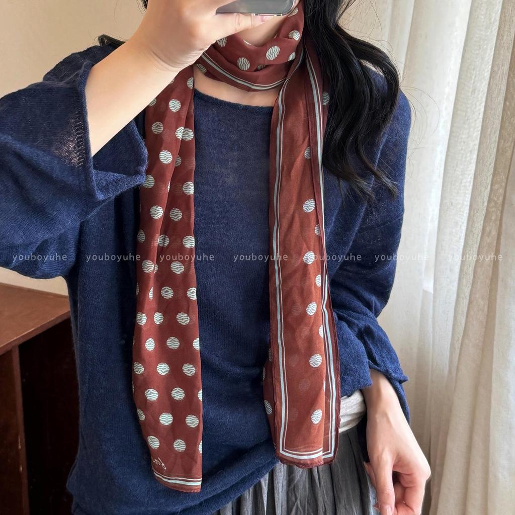 Korean-Style Brown Polka Dot Tie-Neck Scarf: Versatile Women's Ribbon Accessory for 2025
