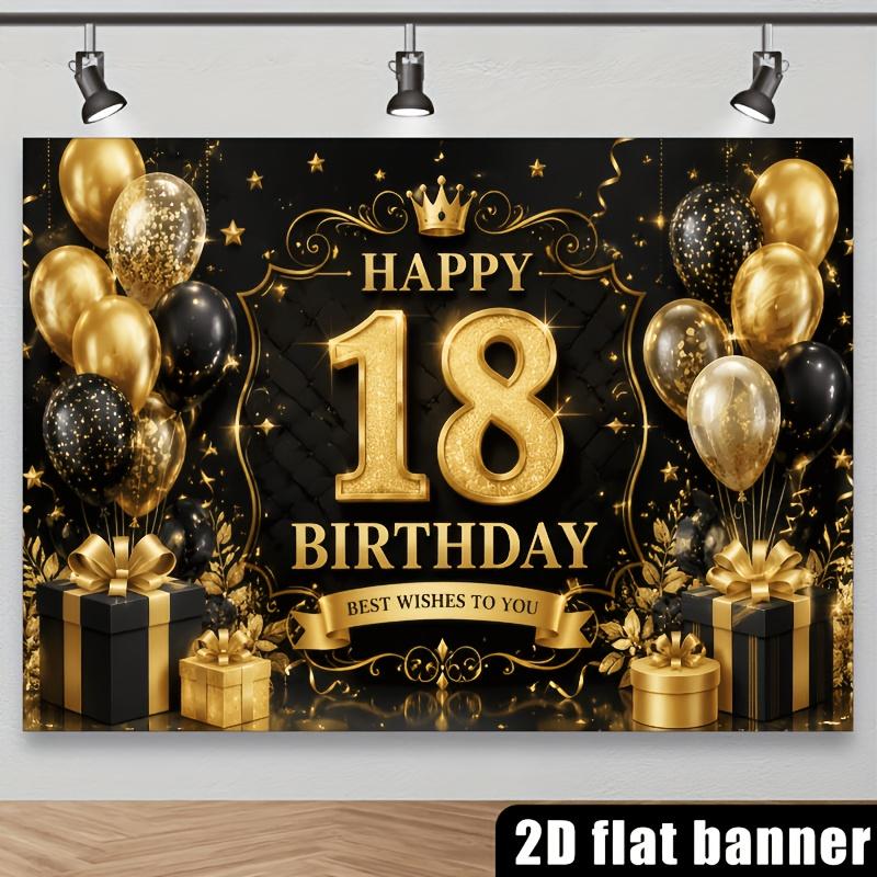 2D flacher schwarz-goldenes Themen-Hintergrundstoff für den 18. Geburtstag mit goldenen Ballons und Geschenkboxenzyc