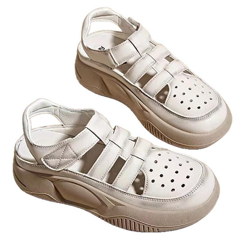 Leather hollow sandals summer new thick-soled soft-soled breathable casual shoes hole shoes