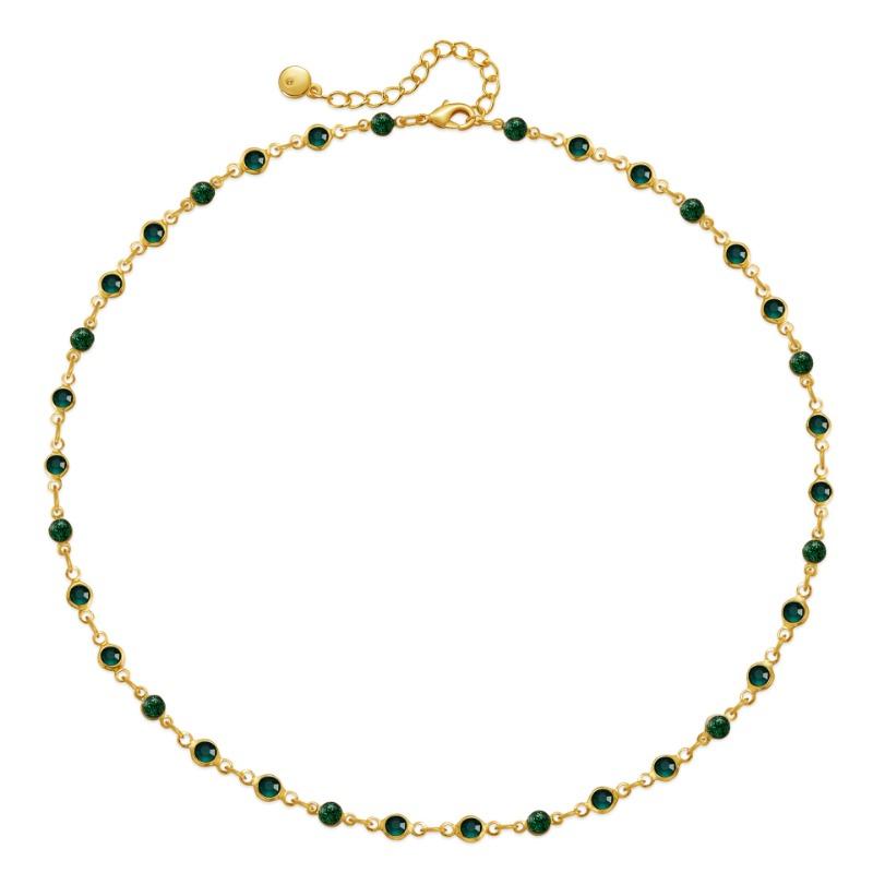 Gold Plated Emerald CZ and Green Sandstone Alternating Station Necklace зелёный