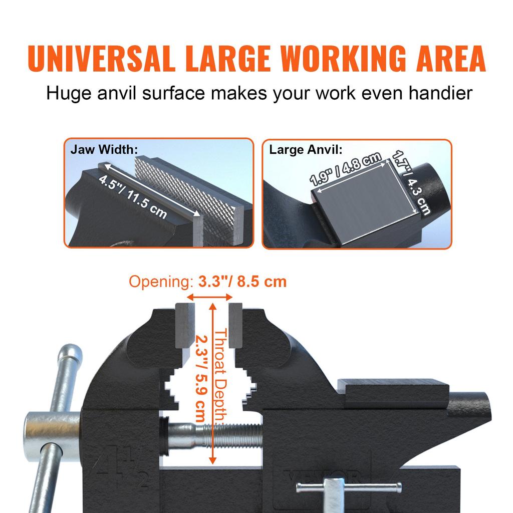VEVOR Bench Vise, 114 mm(4.5-inch) Jaw Width 84 mm(3.3-inch) Jaw Opening , 240-Degree Swivel Locking Base Multipurpose Vise with Anvil