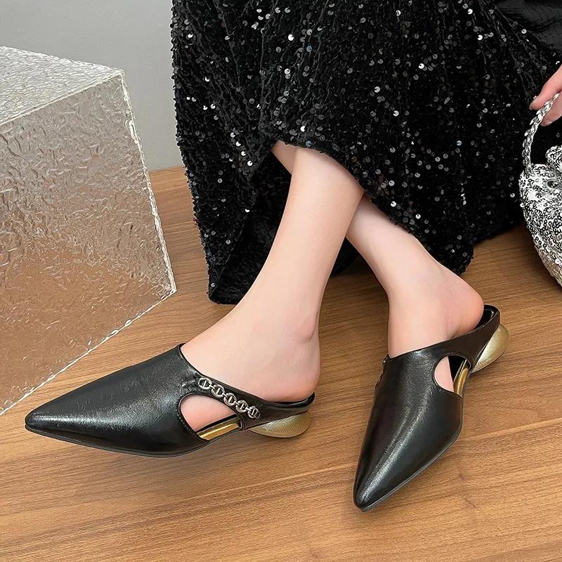 Fashion 2025New Hollow-out Baotou Semi-slippers Summer New Metal Chain Pointed Toe Shallow Mouth Thick Heel Wear Lazy Drag