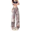 Women's Retro High Waist Newspaper Print Wide Leg Jeans