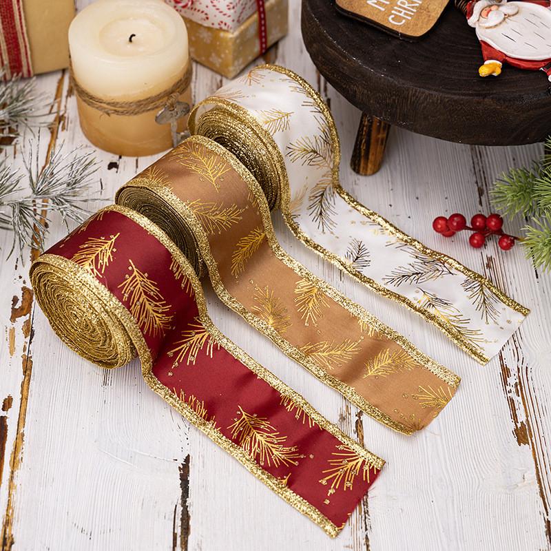 Opulent Christmas Satin Ribbons With Stunning Floral Motifs In Red Gold And White For Crafting