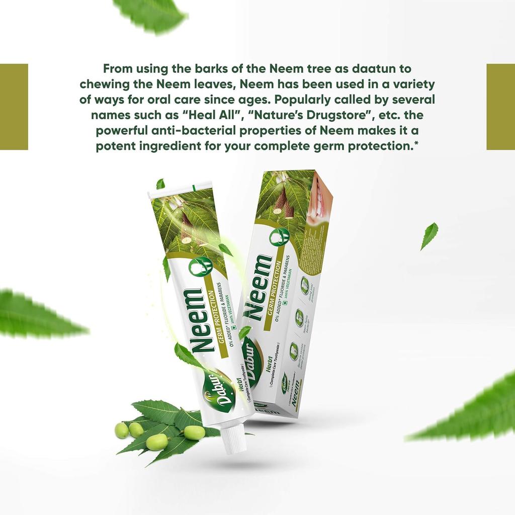 Dabur Herb'l Neem Germ Protection Toothpaste 200g | Natural Oral Care | Fluoride Free, Paraben Free, Fights Bacteria, Fresh Mouthfeel