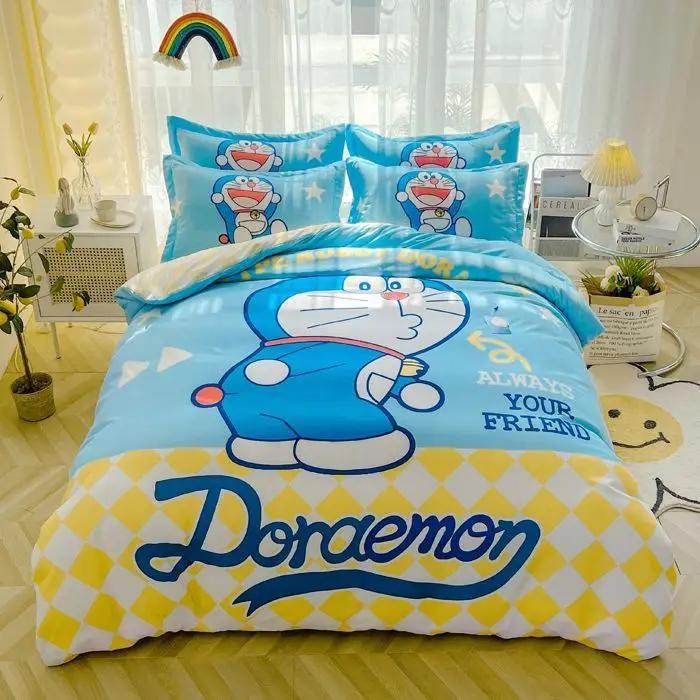 Doraemon Mechanical Cat Cartoon Style Pure Cotton Material Bed Three-piece Set Student Dormitory Dirty-Resistant Bedding