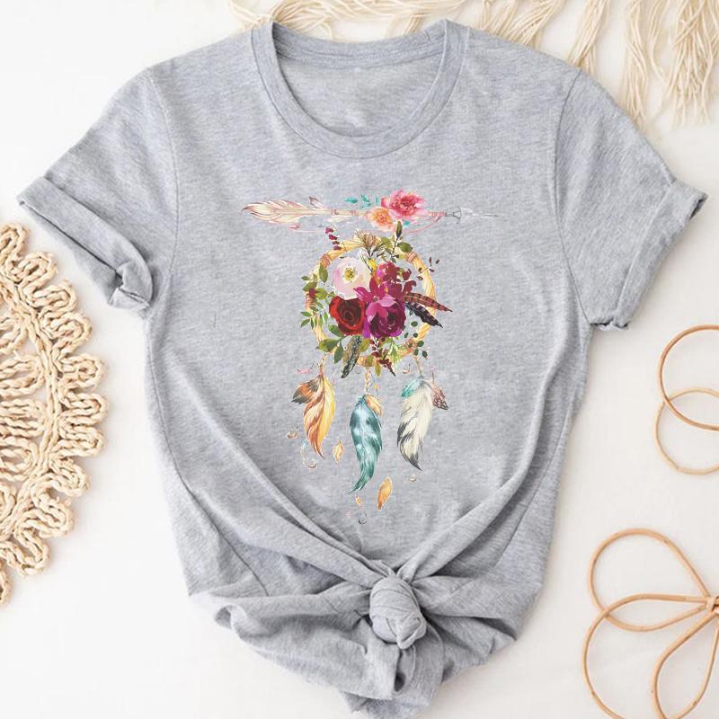(Asian Size) Watercolor Feather Vintage Bird Women Print Short Sleeve Tee Top Fashion Tshirt Clothing Casual Summer Lady Female Graphic T-shirt