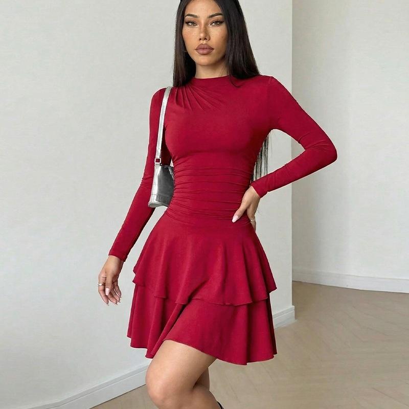 European Style Fashion Slim Fit Long Sleeve Maxi Dress Ruffle Women S