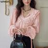 Elegant Women Bows Tie Ruffled Loose Casual Long Sleeve Blouse