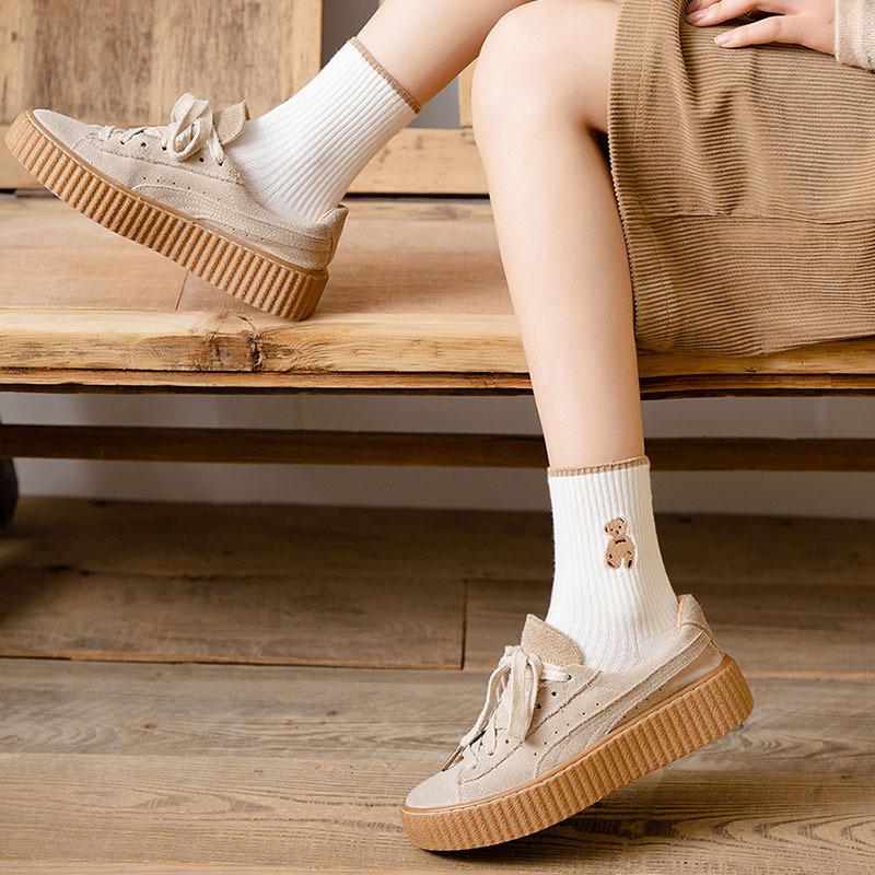 Little Bear Women's Cute Japanese Korean Style Mid-Calf Socks - Spring, Autumn, Summer Solid, Autumn and Winter Options