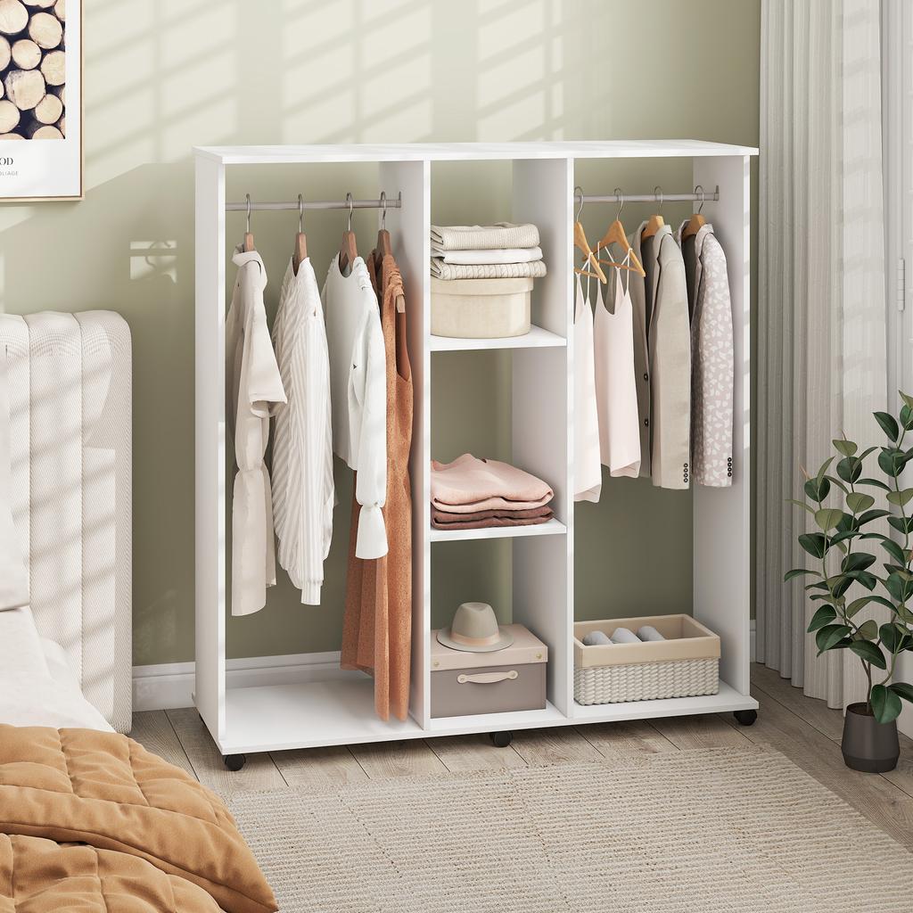 Wardrobe Closet Mobile Storage Furniture 6 Wheels 120 X 40 X 128 Cm In White Wood