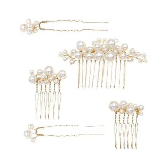 5-Piece Pearl Hair Pin Set - 3 Styles: Hair Pins, Combs, U-Pins for Formal Occasions (Gold). Includes 3 Combs & 2 Forks. Simple, Elegant,
