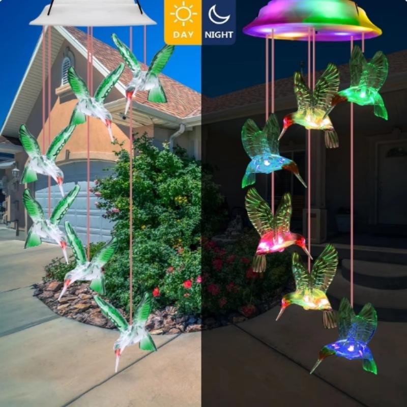 Solar Outdoor Waterproof Color Changing Hummingbird Shaped Design Wind Chime,Suitable For Garden Window Decoration Gifts