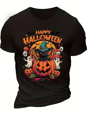 Happy Halloween Black Cat Witch Pumpkin Bat Graphic Cotton T-Shirt - Gothic Casu