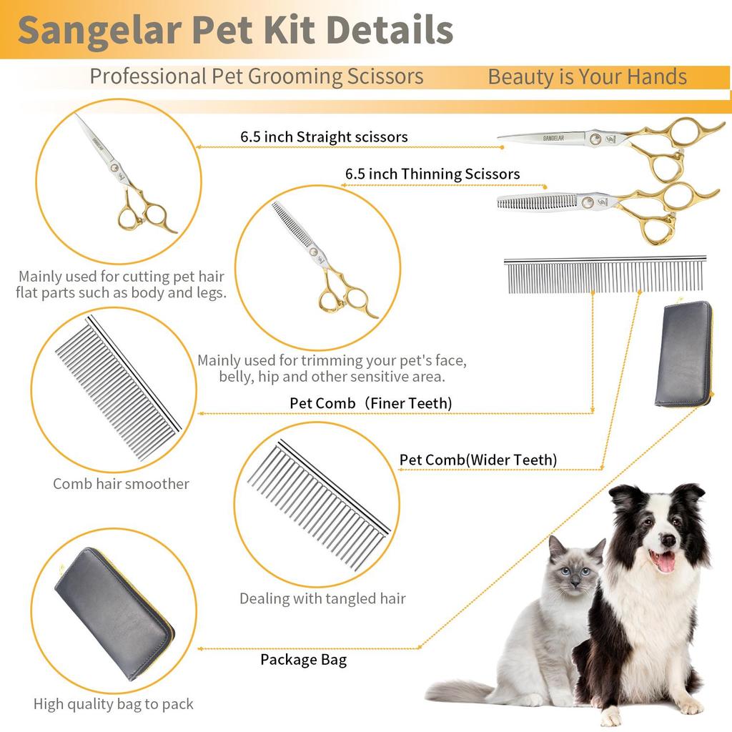 SANGELAR 6,5 Zoll Haustierpflegeset Professionelles Top-Haustier-Welpen-Teddy-Katzen-Hundescheren-Set Schneideschere Effilierschere Tiere Trimmen Wollwerkzeuge