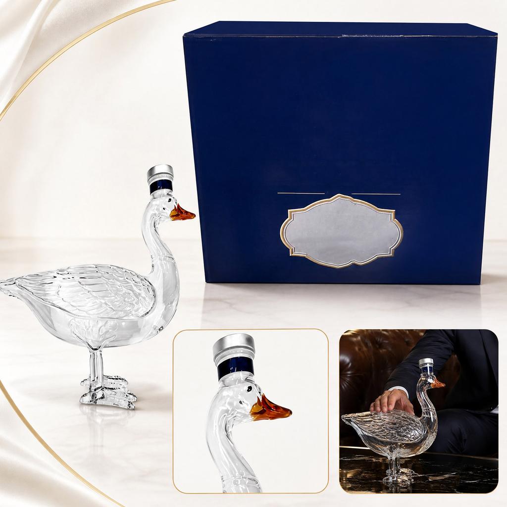 Botella de Vidrio con Forma de Ganso para Licores Bebidas Alcohólicas Vino Decantador Transparente Decorativo con Caja de Regalo para Barra de Casa Exhibición Almacenamiento