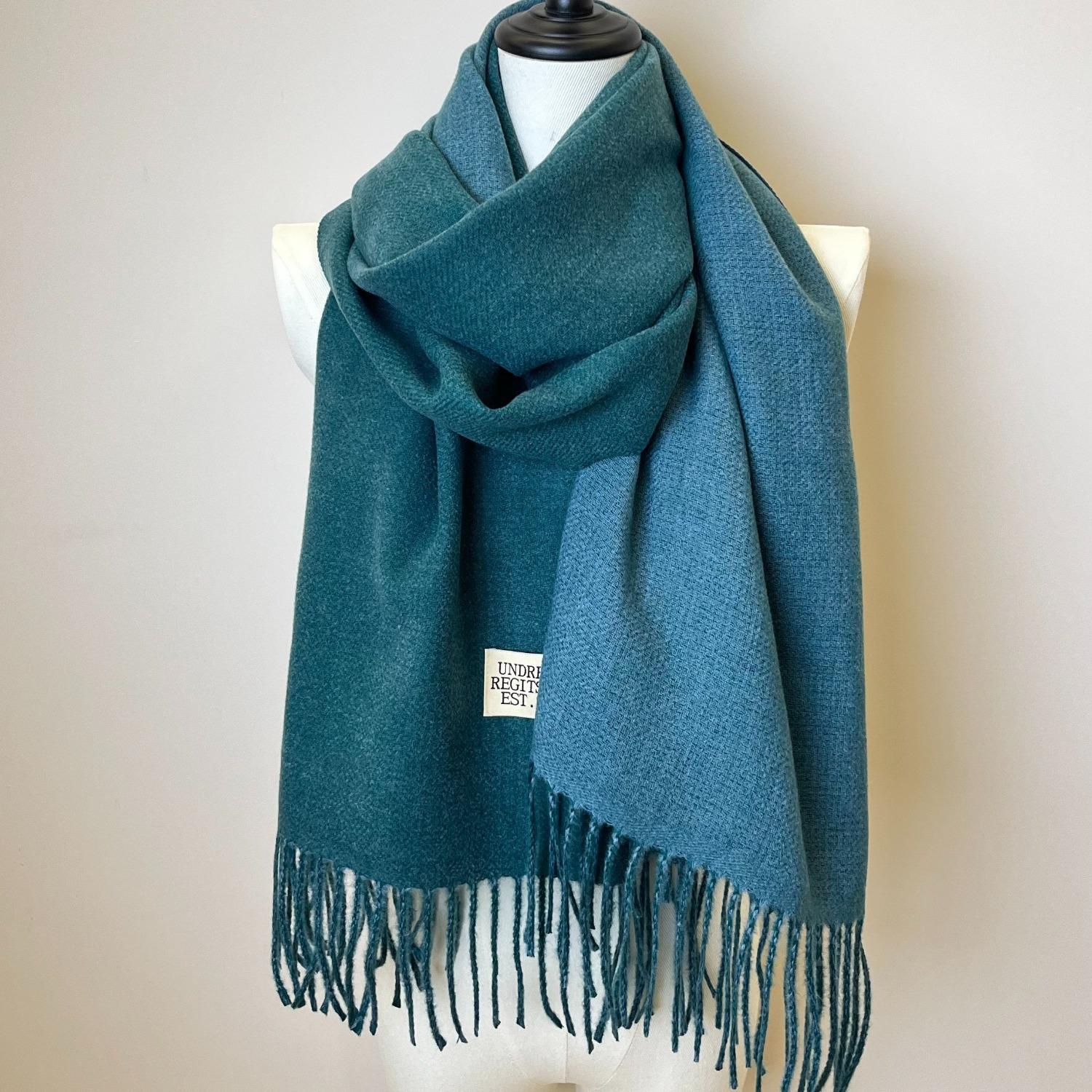 

Двусторонний двухцветный шарф, простая базовая шаль с кисточками из искусственного кашемира, осенне-зимний унисекс, утепленный шарф для защиты шеи озеро синий