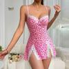 Valentine's Day Heart Print Lace Pajama Set for Women - Sexy Pink Nightgown with Heart-Shaped Slit
