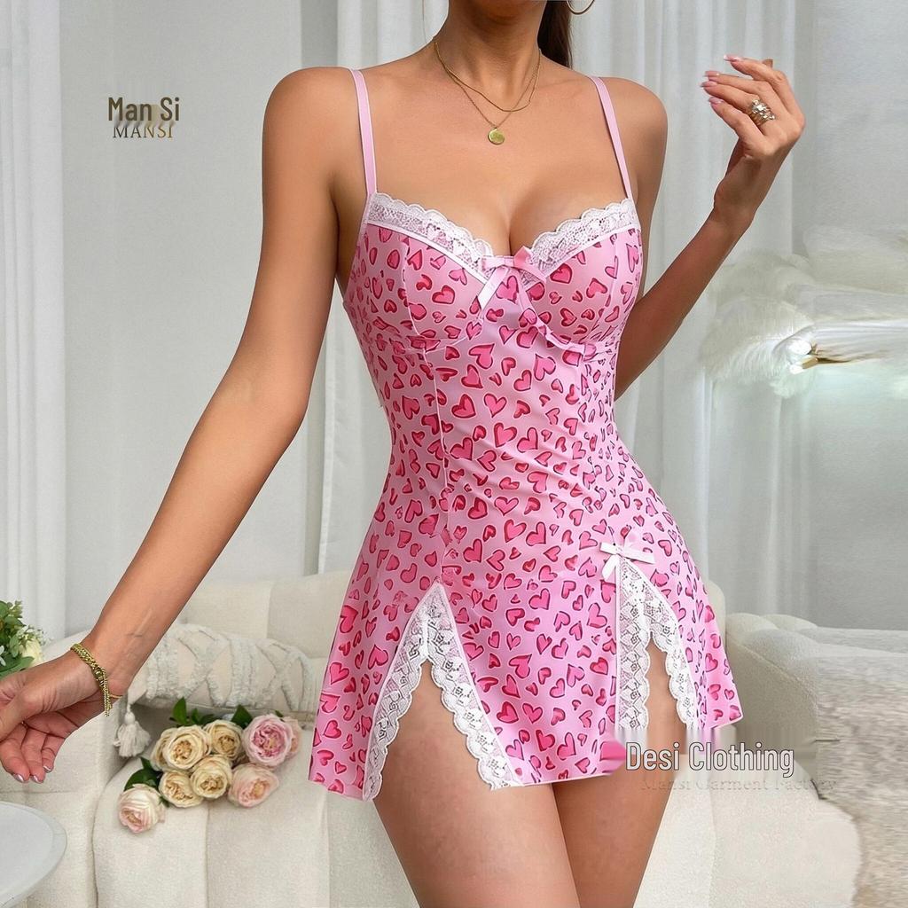 Valentine's Day Heart Print Lace Pajama Set for Women - Sexy Pink Nightgown with Heart-Shaped Slit