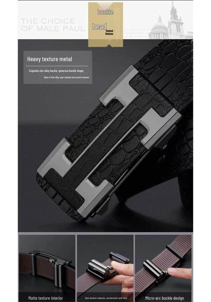 High-End Men's Genuine Leather Belt with Automatic Buckle - No-Tooth Design for Casual and Business Wear