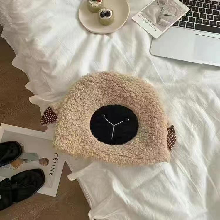 

Мультяшная шапка из овечьей шерсти для женщин, зимняя модная милая плюшевая шапка Kawaii, холодостойкая теплая толстая шапка с защитой ушей, модные шапки 54-58cm хаки