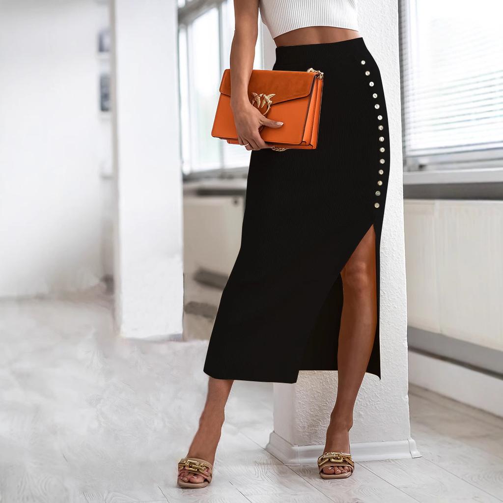 Summer New Slim and Sexy Professional Women's Clothing Ribbed Temperament Slit Button Half Skirt