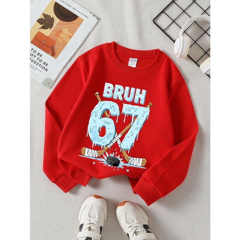 European sizes Kids' Casual Printed Round Neck Pullover, Kids' Round Neck Sweatshirt with Fashion 67 Theme Feature Print for Kids