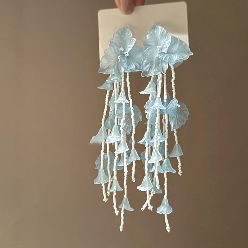 Silver needle chiffon flower fringed stud earrings sweet Mori dopamine earrings niche trend versatile earrings fashion women