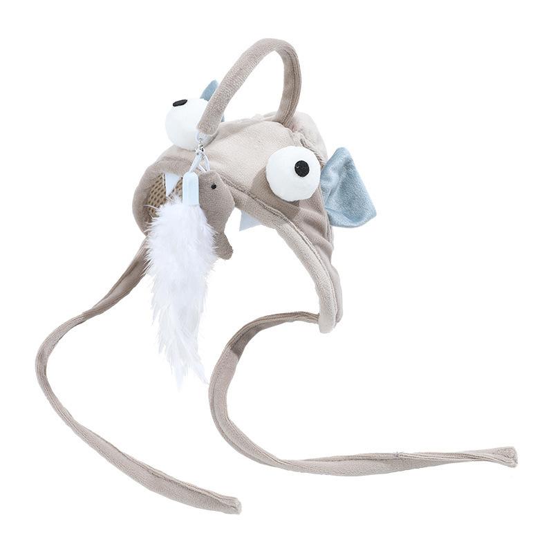 Creative Headwear Feather Teasing Cat Stick Small Dinosaur Cat Headset Cat Fun Grey Big Eyes Fish Cat Self Hi Toy Cute Hat